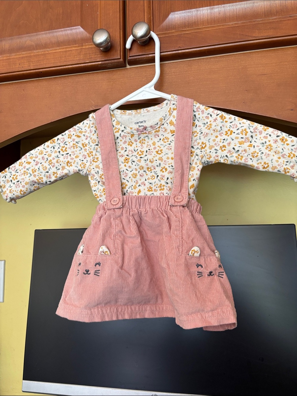 Carter's Pink Corduroy Suspender Skirt with Floral Top Set
